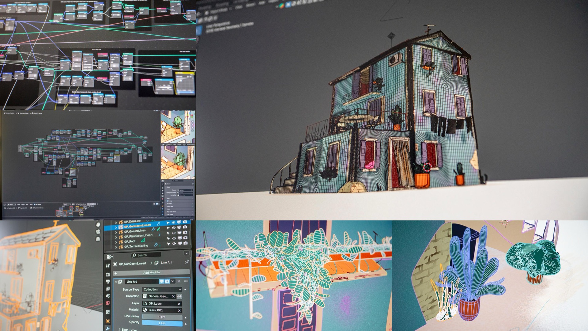 Collage of the Blender production process: geometry node graphs, the wireframe 3D house model, and the Line Art modifier settings used for grease pencil outlines