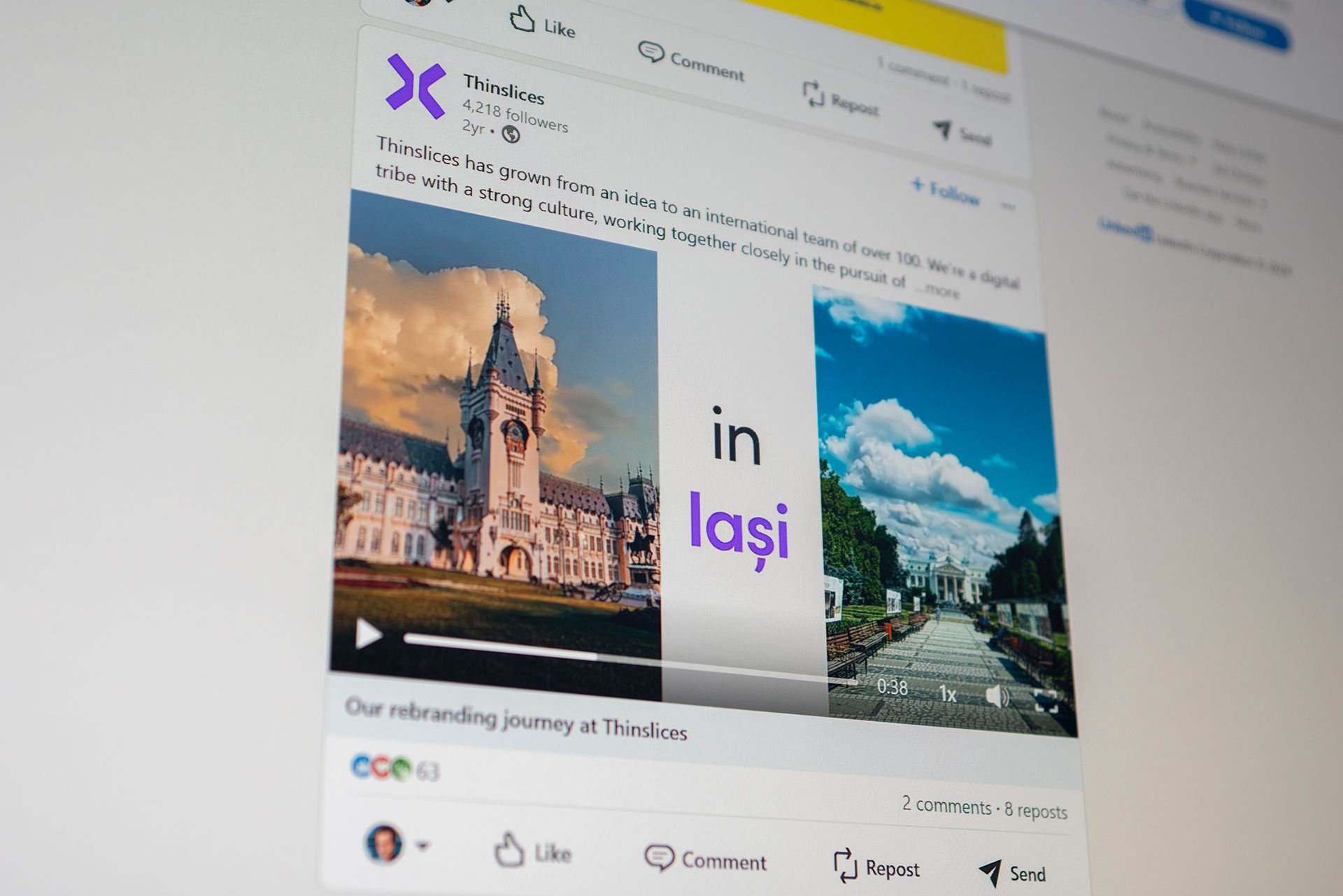 Thinslices brand reveal video live on LinkedIn, showing the Iași building segment