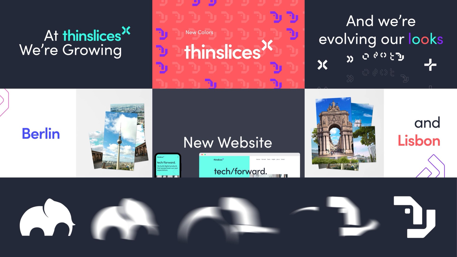 Collage of frames from the final brand reveal video: 'We're Growing', the new logo and colors, the new website, and the Berlin and Lisbon office city photos