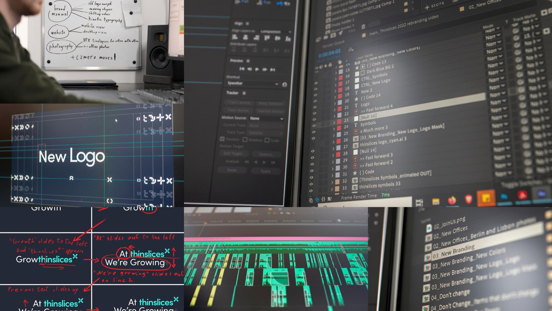 Collage of production planning: a whiteboard breaking down the brand manual, website and photography needs, the After Effects render queue, storyboard frames with red animation annotations, and the organized project file panel