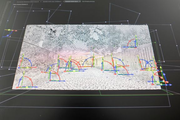 Motion tracking markers over archival courtyard footage