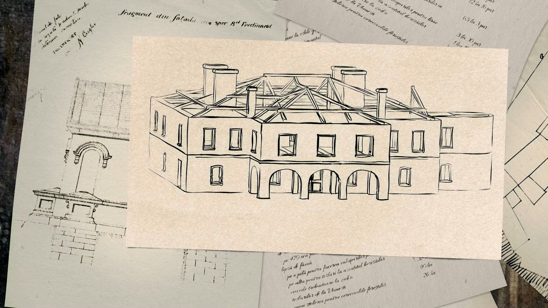 Sketch illustration of Casa Musicescu over historical documents
