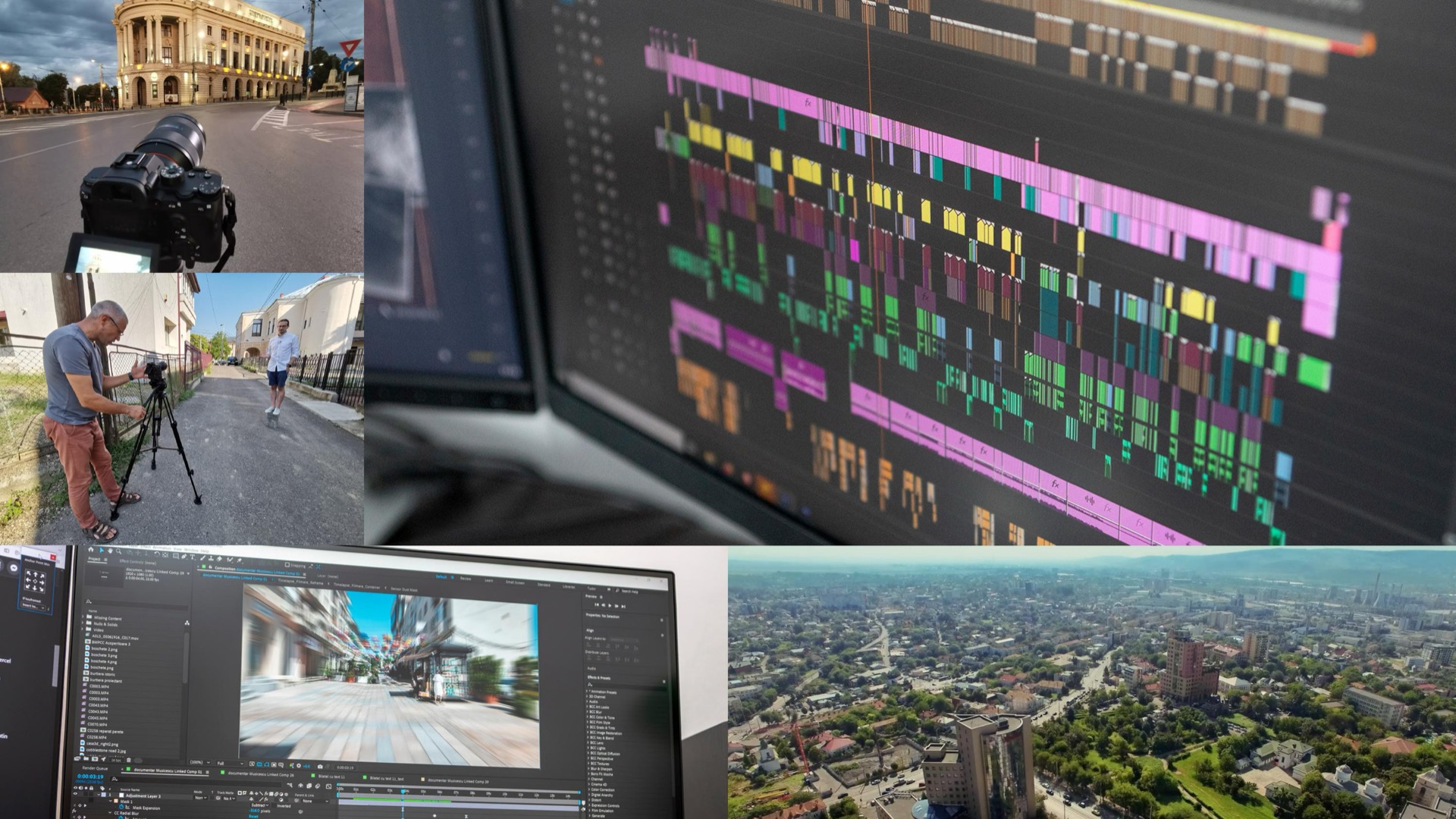 Collage of the shoot and edit: on-location filming with the host, the video editing timeline, an After Effects motion tracking composition, and a drone aerial of Iași
